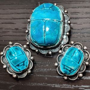 Antique Egyptian Scarabs Earrings and Brooch Set Silver Blue Faience